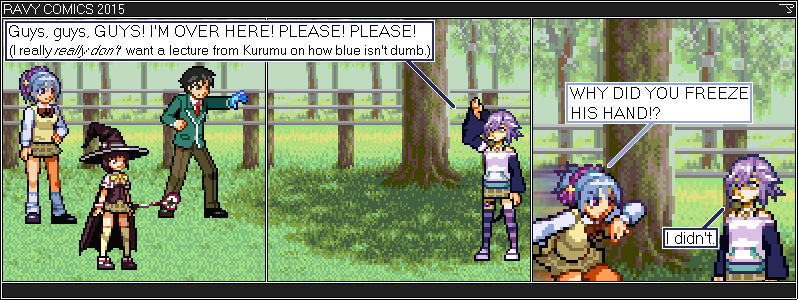 Rosario Vampire. Kurumu + Yukari + Tsukune + Mizore. You don't get a sense of the brest size from the sprites. 